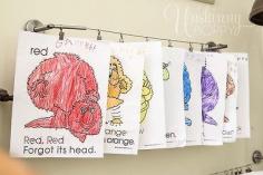 
                        
                            Ikea Dignitet curtain wire with Riktig hooks display kids artwork.
                        
                    