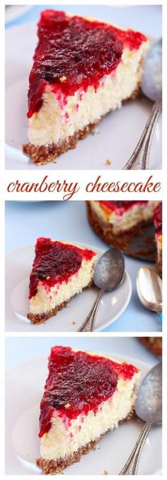 
                    
                        A creamy velvety cheesecake topped with ruby red cranberry sauce. A festive holiday treat perfect for the Thanksgiving or Christmas dessert table
                    
                