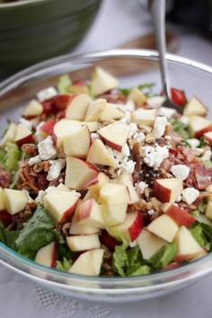 
                    
                        Raspberry Vinaigrette Salad! it has bacon, apples, walnuts, and feta cheese. Cut down on the bacon (leave it out?) or sub turkey bacon. Use lower sugar/fat dressing.
                    
                