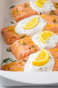 Baked Lemon Salmon with Creamy Dill Sauce - Makes 4 Servings  From Cooking Classy