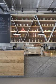 
                    
                        gorgeous pale wood and shades of grey - great idea for a kitchen - original pin note: A Curious Teepee restaurant
                    
                