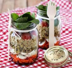 Layered Salad In A Jar when the ingredients are packed correctly, everything stays crisp and fresh up to 5 days- aseasyasapplepie.com #jar #salad #recipe