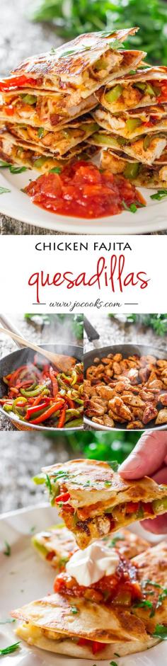 
                    
                        Chicken Fajita Quesadillas - sauteed onions, red and green peppers, perfectly seasoned chicken breast, melted cheese, between two tortillas. Simply yummy.
                    
                