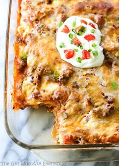 
                    
                        Taco Lasagna. Great idea! Could also use enchilada sauce and beans or taco spiced lentils instead of beef.
                    
                