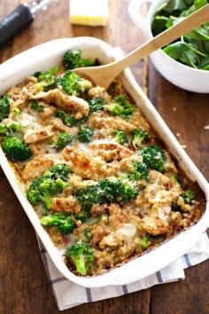 Creamy Chicken Quinoa and Broccoli Casserole -  Nothing from a can, real ingredients, 300 calories of comfort food. Quick and easy.