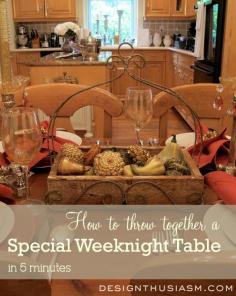 
                        
                            How to  Throw Together a Special Weeknight Table in 5 Minutes | Designthusiasm.com #tablescape #tablesetting #homedecor #homedesign #entertaining #falldecor #frenchcountry
                        
                    