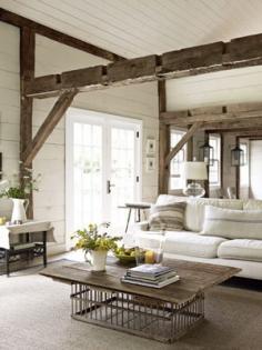 Rustic, farmhouse style living room. Yes please.... and a book and wine!