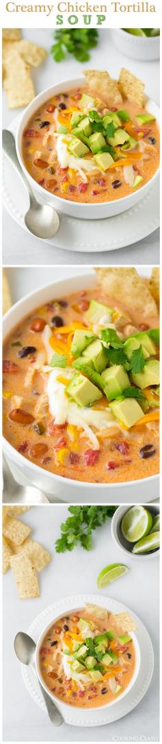 
                    
                        Creamy Chicken Tortilla Soup - this soup is seriously delicious!! Hearty and comforting also GF.
                    
                