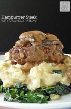 
                    
                        Hamburger Steak with Mushroom Gravy | by Life Tastes Good feeds 4 for about $12 total, and you'll have it on the table in under 30 minutes! #Main #ComfortFood
                    
                