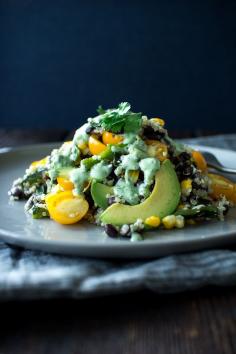 
                    
                        love this - Poblano Peppers, grilled corn, black beans and quinoa with a cilantro lime dressing
                    
                
