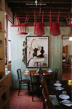 
                    
                        Chairs on ceiling to make a quirky, affordable, wow factor in long space-- think of long point of view - beautiful point
                    
                