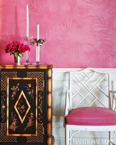 
                    
                        Pink! Looks like a yummy Venetian Plaster or Metallic Plaster on the walls imprinted by palm fronds | Designer Robin Weiss via Traditional Home
                    
                