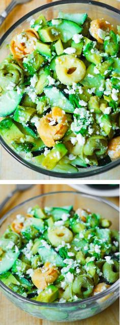 
                    
                        Greek Tortellini Salad with avocados and cucumbers in a creamy Feta Cheese Greek Salad Dressing
                    
                