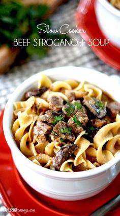 
                    
                        Slow Cooker Beef Stroganoff Soup | Savory, flavorful EASY comfort! Melt in your mouth beef simmered, tenderized and spiced with onions, garlic, Worcestershire sauce, Dijon, and spices in creamy mushroom broth.
                    
                