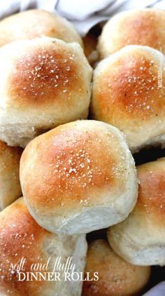 
                    
                        Perfect Soft and Fluffy Dinner Rolls - NO HAND KNEADING! double brushed with butter and topped with garlic salt. I will never make another roll recipe again!
                    
                