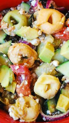 Greek Tortellini Salad with Tomatoes, Avocados, Cucumbers #Mediterranean #pasta_salad #appetizer Check out more recipes like this! Visit yumpinrecipes.com/