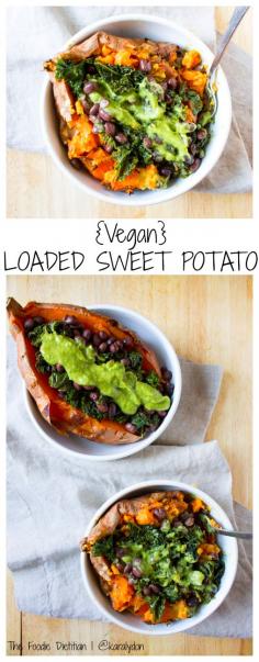 
                    
                        the ultimate vegan loaded sweet potato - packed with kale, black beans, and topped off with a homemade green goddess dressing
                    
                