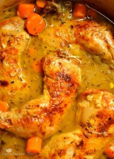 
                    
                        A Southern Soul: Braised Chicken Thighs 4 chicken leg quarters 2 tablespoons olive oil 5 - 6 carrots - roughly chopped 1 onion - chopped 5 cloves garlic - sliced 2 tablespoons flour 1 cup cider vinegar 2 teaspoons dried thyme 3 cups chicken stock salt and pepper 3 tablespoons butter Preheat oven to 350°
                    
                