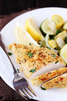 Hummus Crusted Chicken - develops a light crust on the chicken, and some of the extra oozes onto the veggies to give them a little extra sauce to go with the light lemony flavor. You could easily add some extra herbs, or balsamic, or even a little white wine to go with this.