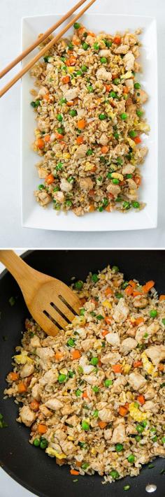 Chicken Fried Rice - better than take-out and healthier too! Made with brown rice and chicken instead of ham. A staple recipe! Use GF soy sauce!