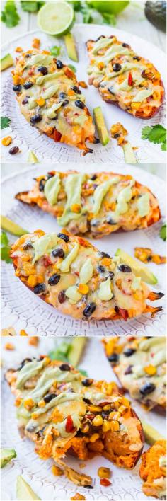 
                    
                        Cheese, Black Beans, and Corn-Stuffed Sweet Potatoes with Avocado Crema (vegetarian, GF) - Easy, ready in 15 minutes, and accidentally healthy!
                    
                