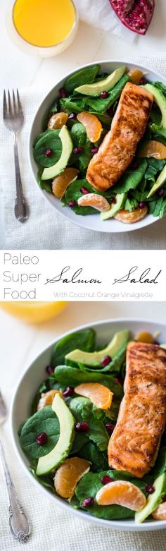 
                    
                        Superfood Kale & Salmon Salad With Coconut Orange Vinaigrette - A simple salad with 7 different superfoods that is so easy and paleo friendly! Perfect for a healthy, weeknight meal! | Foodfaithfitness.com | #recipe @Taylor | Food Faith Fitness
                    
                