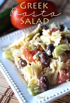 
                    
                        Greek Pasta Salad-healthy it up with some whole wheat pasta, lower to no fat dressing, less cheese, and more veggies. I just love the idea of this salad-it would make a great lunch-some of my favorite flavors. Add some spinach and chicken and perhaps some Greek dressing?
                    
                