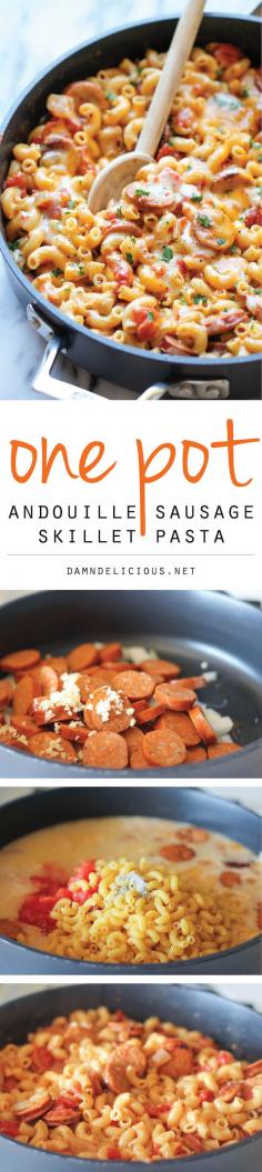 
                    
                        One Pot Andouille Sausage Skillet Pasta ~ This incredibly cheesy pasta dish easily comes together in less than 30 minutes in one skillet – even the pasta gets cooked right in the pan!
                    
                