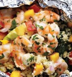 
                    
                        Grilled Shrimp With Avocado-Mango Salsa --made in foil (bake in oven). I might try this with quinoa
                    
                