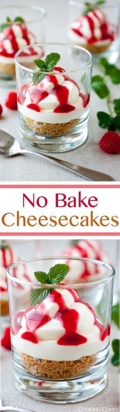
                    
                        No Bake Cheesecakes with Raspberry Sauce - these easy to make cheesecakes are completely irresistible! Everyone loved them!
                    
                