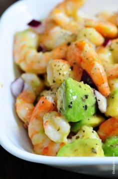 Shrimp Avocado Salad Recipe - use small shrimp, add diced mango, add diced apple, add lemon  lime juice to shrimp, use less red wine vinegar, add diced pineapple, maybe use cilantro instead of parsley #Healthy #Food #EatClean #Happy #Fresh #EcoGenics #HealthyLiving #HealthyEats