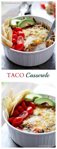 {Mexico} Taco Casserole - Layers of tortillas filled with a mixture of ground beef, greens, tomatoes and cheeses. My family loves this delicious and easy casserole recipe!