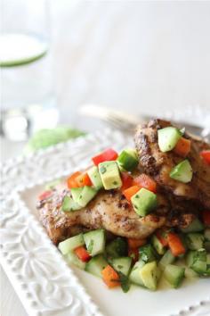 Spicy Chicken Thigh Recipe with Cucumber Avocado Salsa. Made this for dinner tonight, delish!!