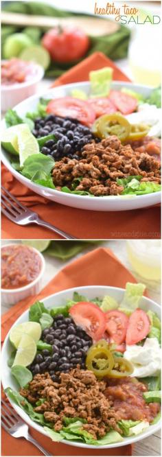 
                    
                        This Healthy Taco Salad is so delicious, and so filling, but without the chip and salsa hang over you get from your favorite Mexican restaurant.
                    
                