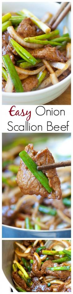 Onion scallion beef – tender juicy beef stir-fry with onions and scallions in Chinese brown sauce. Delicious and easy recipe that takes only 20 mins | rasamalaysia.com | Asian food, Asian beef, Asian dinner recipes