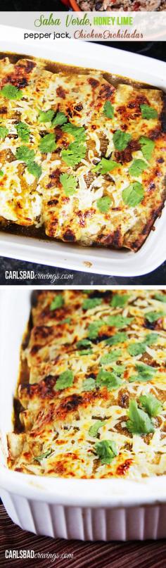 
                    
                        HUSBAND'S FAVORITE RECIPE EVER! Salsa Verde Honey Lime Pepper Jack Chicken Enchiladas - dripping with flavor and so fast and easy!
                    
                