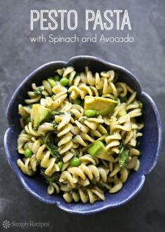 
                    
                        Pesto Pasta with Spinach and Avocado on SimplyRecipes.com Quick, easy, and vegetarian!
                    
                