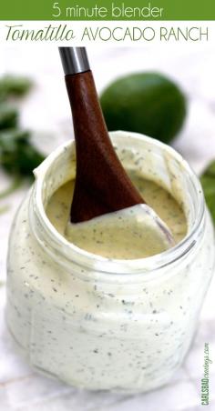 Homemade Tomatillo Avocado Ranch Dressing - Tastes like its from a restaurant but so easy. Its like creamy ranch with a Mexican flair added by the avocado, tomatillo, jalapeno, garlic, cilantro, lime and smoked paprika.