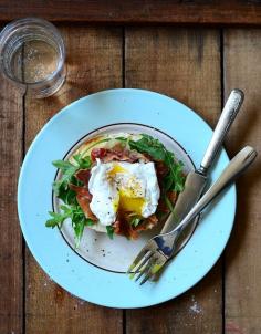 Long Weekends and a Simple Breakfast Sandwich - Toasted bagel breakfast sandwich with poached egg, arugula and prosciutto