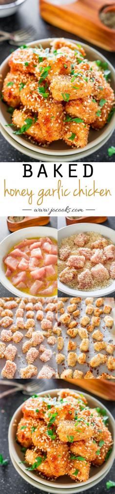 
                    
                        Baked Honey Garlic Chicken – little chicken nuggets, breaded and baked to a crispy perfection, then drizzled with an amazing sweet, spicy and garlicky sauce.
                    
                