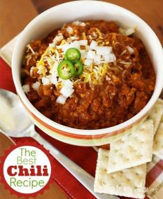 My family loved this. The only changes I made were substituting 1-1/2 cups of water for the beer, using tomatoes with chili seasoning and leaving out the red pepper. It was delicious. www.skiptomylou.org #chilirecipe #recipes