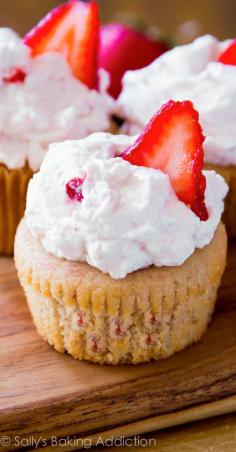 
                    
                        These fresh strawberry cupcakes are made purely from scratch with real strawberries!
                    
                