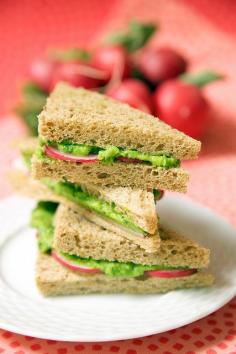 Green pea, avocado and radish sandwich. ** Vegan tea sandwich substitute