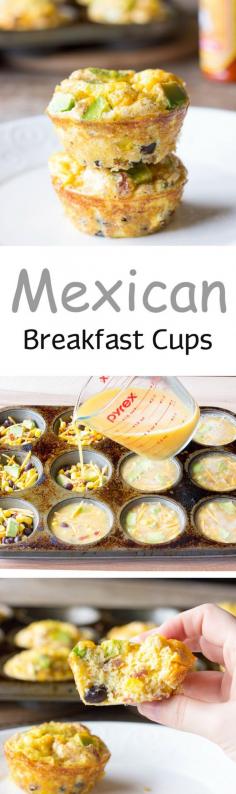 
                    
                        Mexican Breakfast Cups - Eggs poured over bacon, cheese, corn, black beans, and avocado; and baked in a muffin tin. A great make ahead breakfast.
                    
                