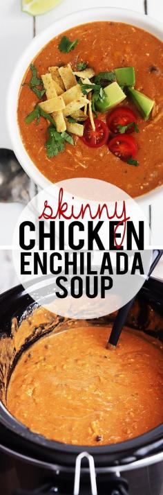 
                    
                        Skinny Chicken Enchilada Soup - creamy, cheesy, yet guilt-free!
                    
                
