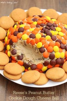 
                    
                        Reese’s Peanut Butter Cookie Dough Cheese Ball. A delicious dessert appetizer that tastes like peanut butter cookie dough and is loaded with Reese’s Peanut Butter Cups and covered in Reese’s Pieces.
                    
                