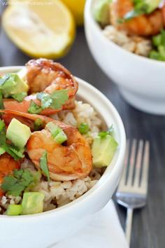 
                    
                        Healthy Brown Rice Bowl with Shrimp & Avocado with a delicious sauce
                    
                