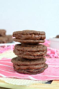 Brownie Whoopie Pies - simple brownie cookies filled with a chocolate toffee frosting