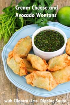 
                    
                        Cream Cheese and Avocado Wontons with Cilantro Lime Dipping Sauce.  This combo sounds amazing!  What a delicious comfort food! #avocado #recipe
                    
                
