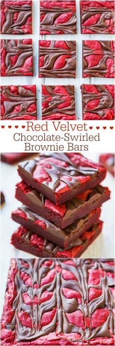 
                    
                        Red Velvet Chocolate-Swirled Brownie Bars {from scratch, not cake mix} - Big chocolate rivers in every bite!! Velvety soft and so good!!!
                    
                